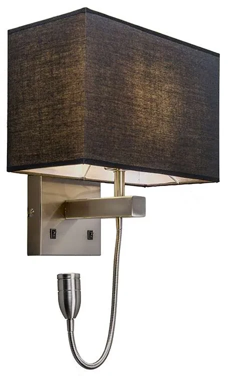 Oceľová nástenná lampa s čiernym tienidlom a čítacím ramenom vrátane LED - Bergamo