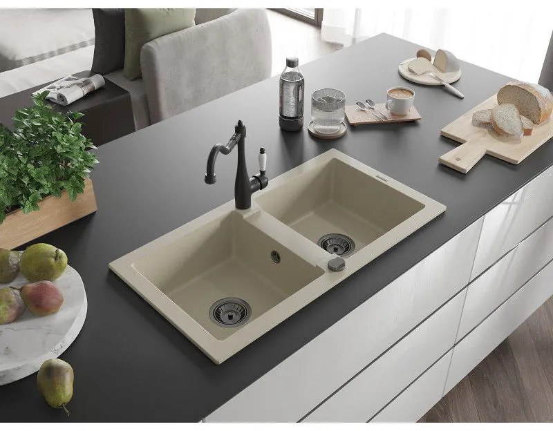 Mexen Mario, granitový drez 820x436x161 mm, 2-komorový a drezová batéria Carla, béžová, 6504-69-670700-70
