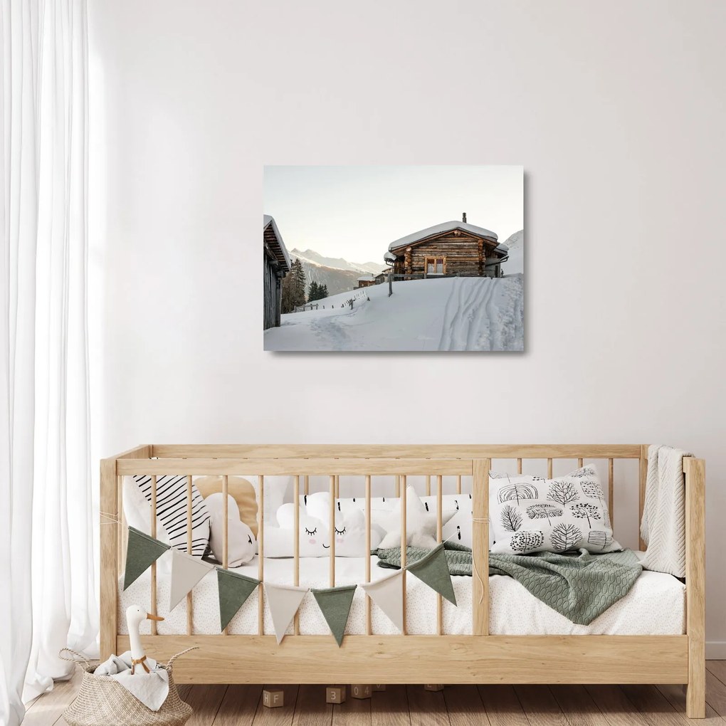 Sklenený obraz - horská chata v snehu (70x50 cm)
