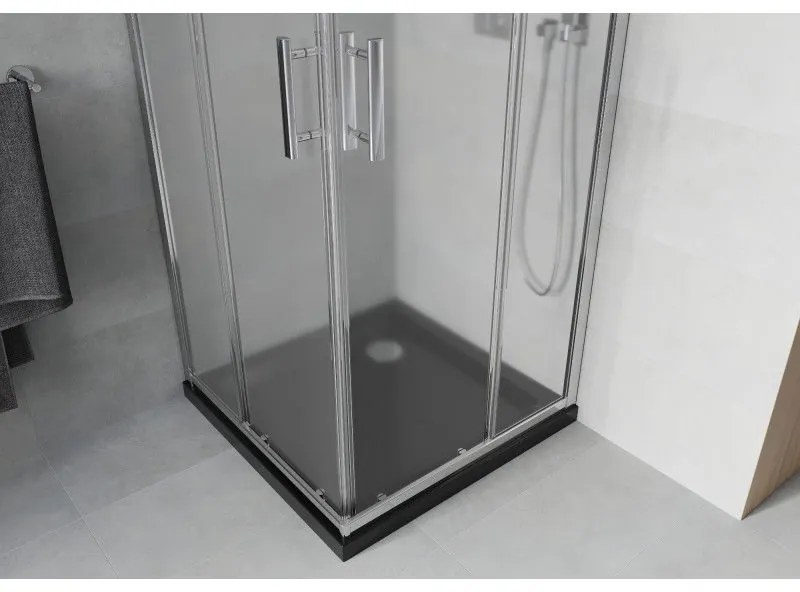Mexen Rio, štvorcový sprchovací kút s posuvnými dverami 90(dvere) x 90(dvere) x 190 cm, 6mm sklo námraza, chrómový profil + čierna sprchová vanička SLIM, 860-090-090-01-30-4070