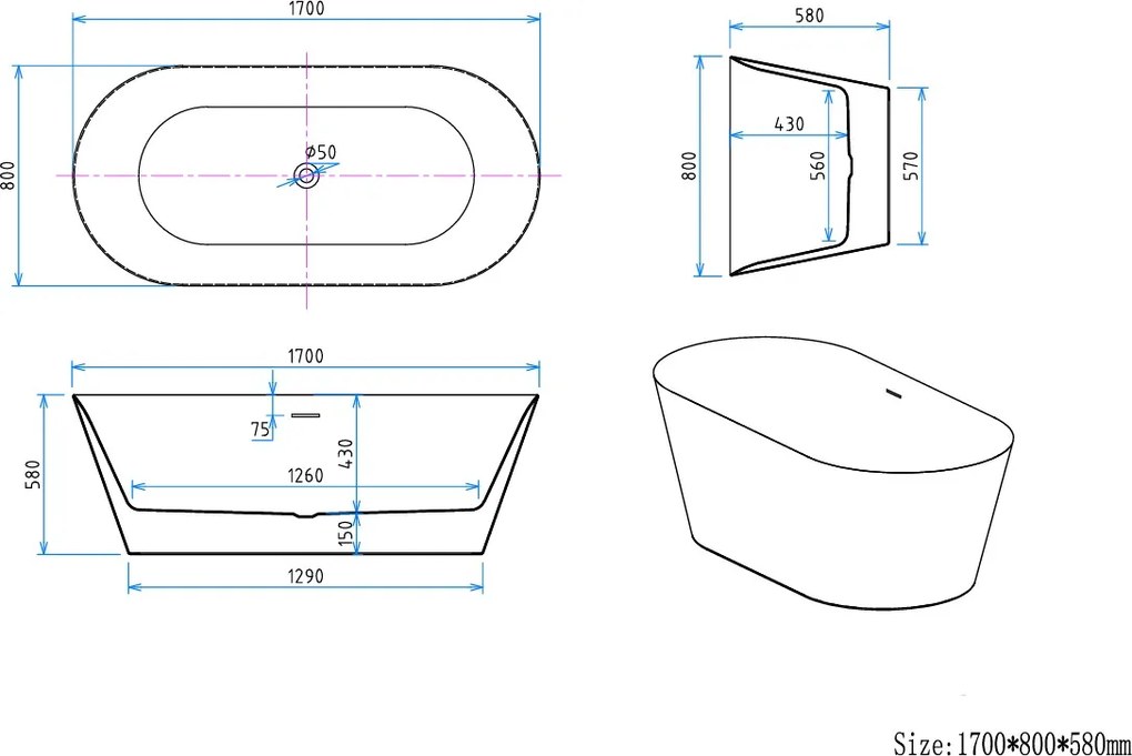 Erga Rhea, voľne stojaca vaňa 170x80 cm + odtoková zátka, biela lesklá, ERG-RHEA-170080-WH-WH