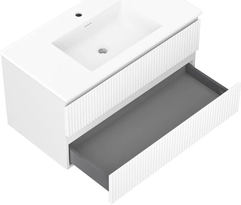 Mexen Rivel, kúpeľňová skrinka 90 cm s umývadlom Otis, 2 zásuvky, drážkovaná, biela matná, 91A20-09047-2-BFF01-W18M01