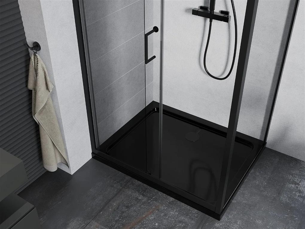 Mexen Apia sprchovací kút s posuvnými dverami 100 (dvere) x 90 (stena) cm, 5mm číre sklo, čierny profil + čierna sprchová vanička s čiernym sifónom, 840-100-090-70-00-4070B