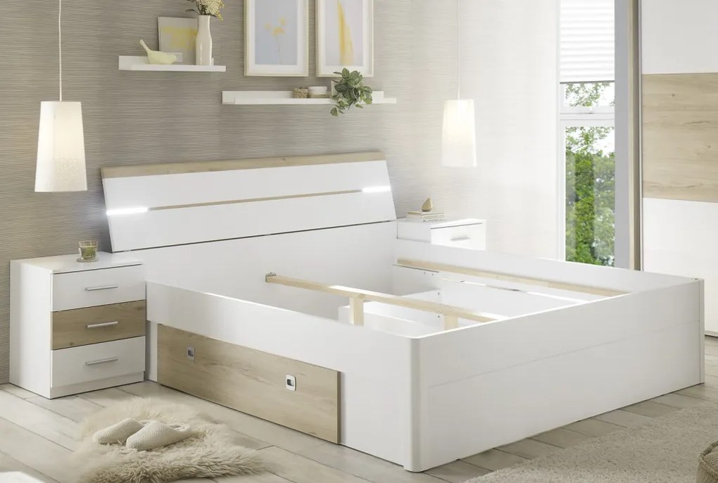 Posteľ s nočnými stolíkmi Kiara 180x200 cm, biela/dub baysen