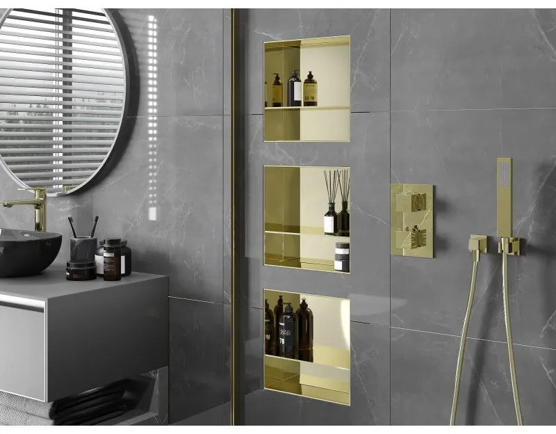 Mexen X-Wall-NR, polička na zapustenie pod obklad bez goliera 30 x 30 cm, zlatá lesklá, 1951303010S