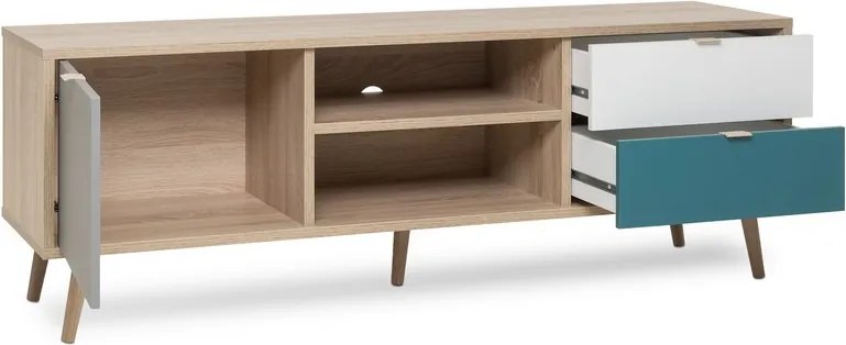 TV skrinka Cuba, dub/biela/šedá/petrolejová