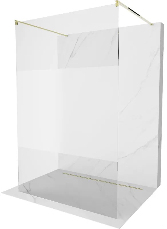 Mexen Kioto, priechodná sprchová zástena 100 x 200 cm, 8mm sklo číre/námraza, 2x zlatá stabilizačná rozpera, 800-100-002-50-35