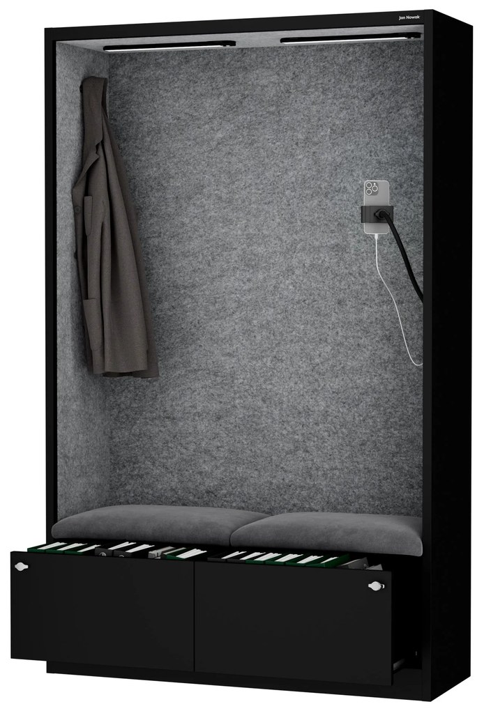 Akustická kabína SALLY MentalBox 1150 mm – čierny korpus, sivé sedadlo