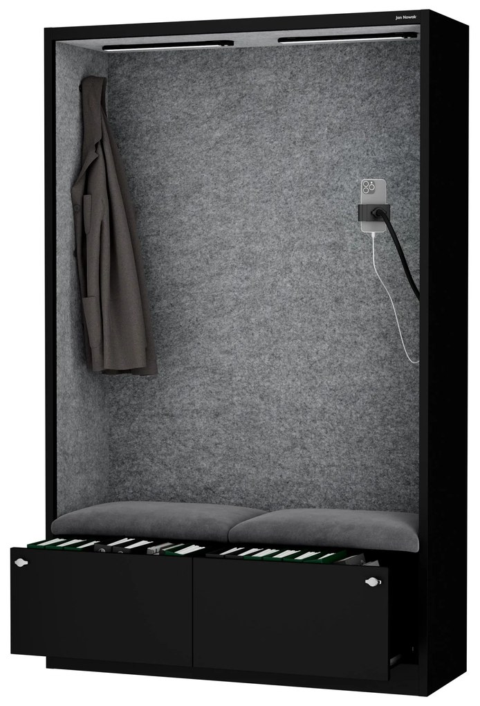 Kancelárska akustická kabína so sedadlom a portom USB-C, telo v čierny / sedák sivá v zelenej farbe, 1150 mm: SALLY MentalBox