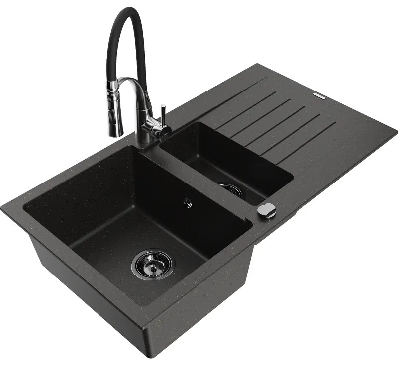 Mexen Matias, granitový drez 900x505x200 mm, 1,5-komorový a drezová batéria Aster, čierna-zlatá metalíza, 6502-75-73450-07-B