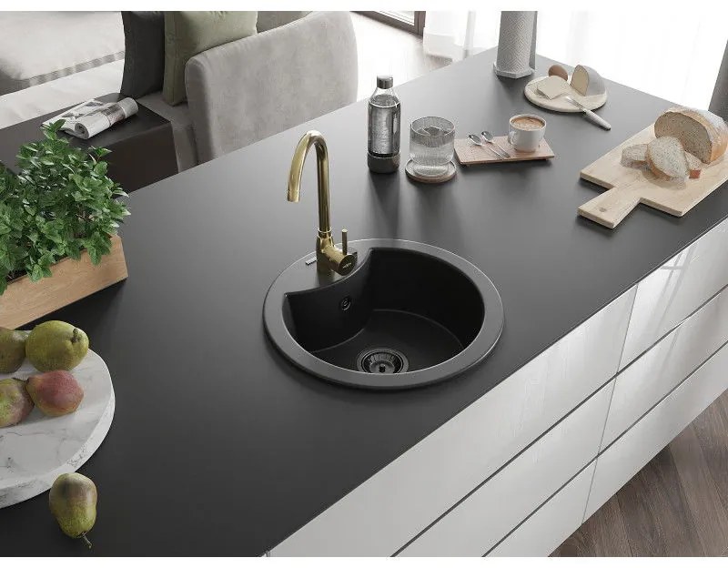 Mexen Diego, 1-komorový granitový drez 488x488x167 mm, čierny sifón, zlatá lesklá batéria Telma, čierna, 6512-77-670200-50-B