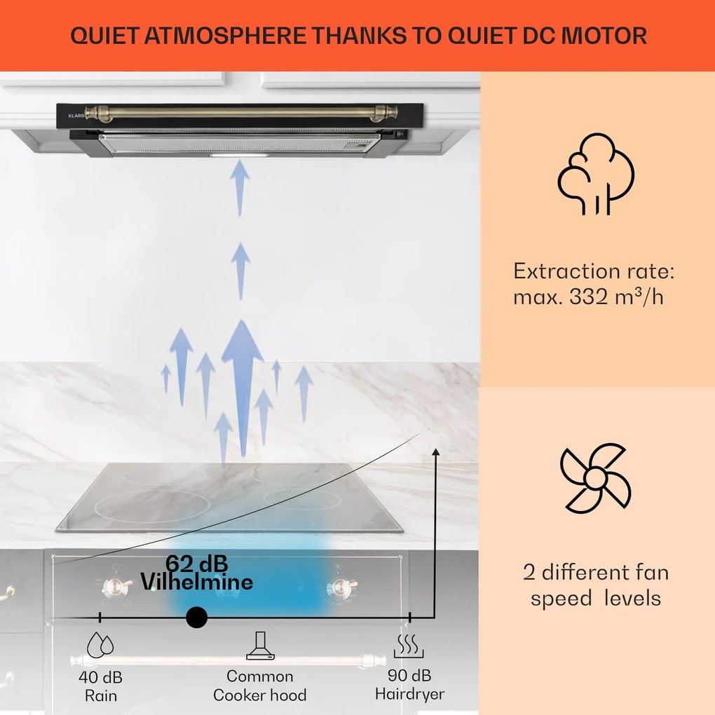 Klarstein Vilhelmine 60 Retro, digestor, 60 cm, vstavaný, 332 m³/h, B, LED, čierny