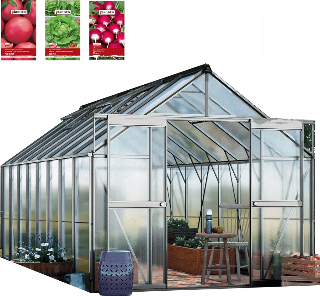 Záhradný skleník z polykarbonátu 5x3, posuvný, pevný, 489x305 cm, 3x5, strieborný