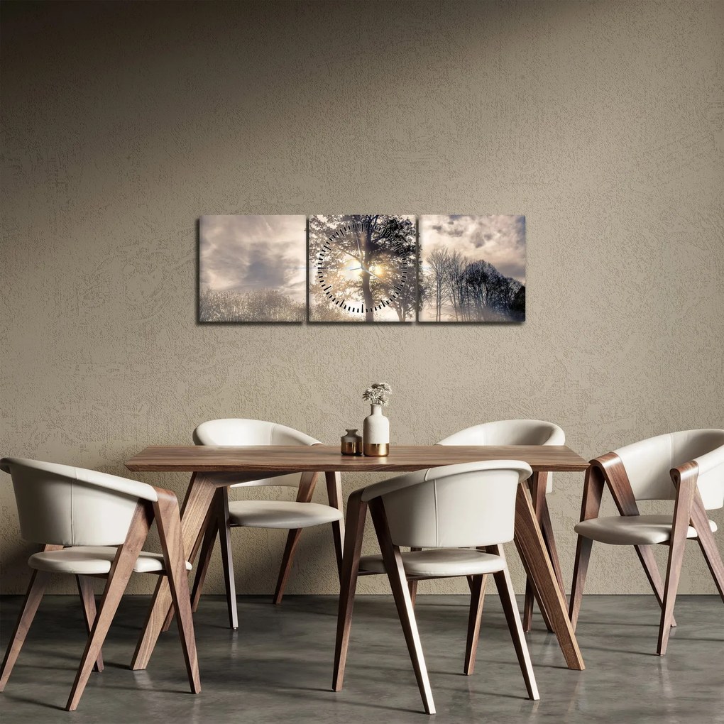 Obraz stromu v hmle (s hodinami) (90x30 cm)