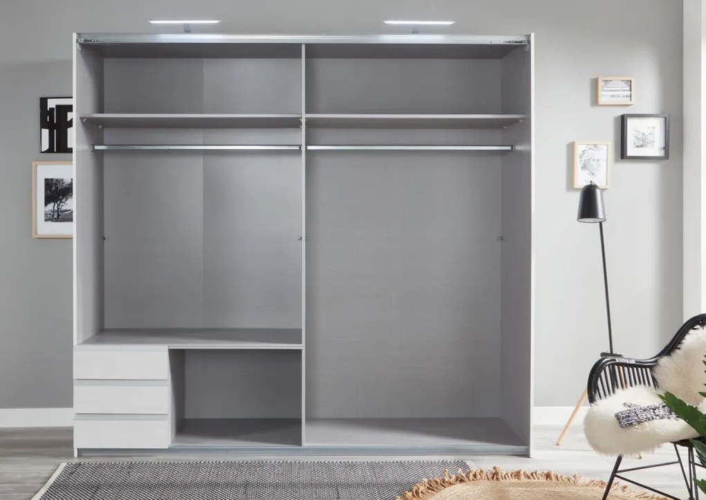 Šatníková skriňa so zrkadlom Emden, 225 cm, biela