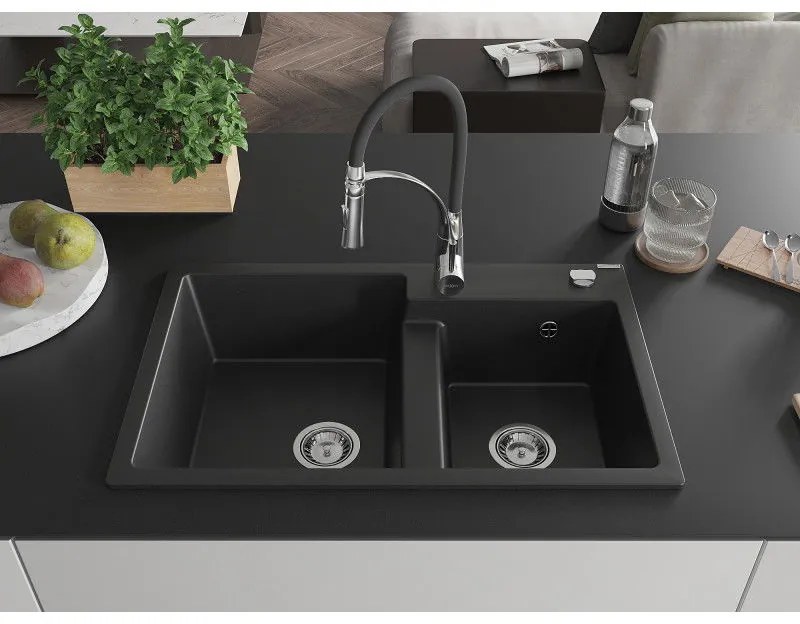 Mexen Tomas, 2-komorový granitový drez 800x500x190 mm a drezová batéria Aster, čierna, 6516-77-73450-07