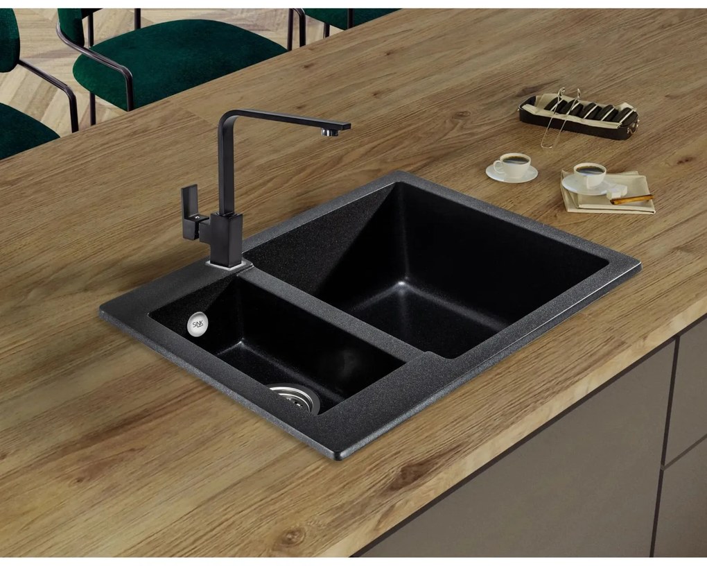 Sink Quality Ferrum, kuchynský granitový drez 605x495x210 mm + čierny sifón, čierna škvrnitá-BROCADE, SKQ-FER.B.5KBO.XB