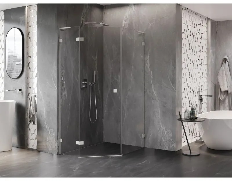 Mexen Lunar, L päťuholníkový sprchový kút naklápací doľava 80 x 90 cm, 8mm číre sklo, oceľový profil, 831L-080L-090P-97-00-L