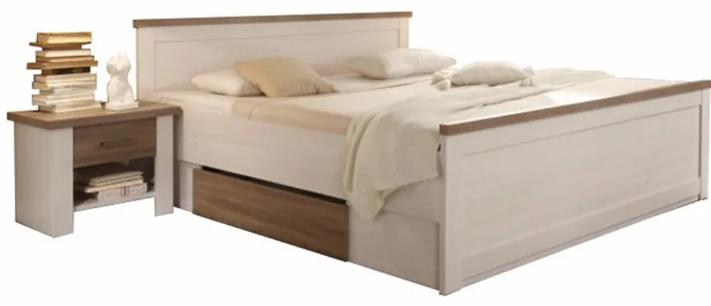 Posteľ + 2x nočný stolík, pínia biela/dub sonoma truflový, LUMERA