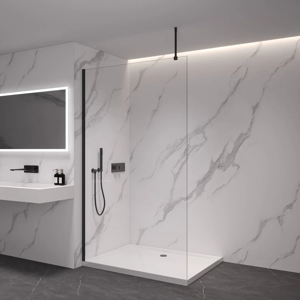 CERANO - Sprchová zástena Walk-in Onyx Top L/P - guľatá vzpera - čierna matná, transparentné sklo - 50x200 cm, CER-CER-8050BD1692