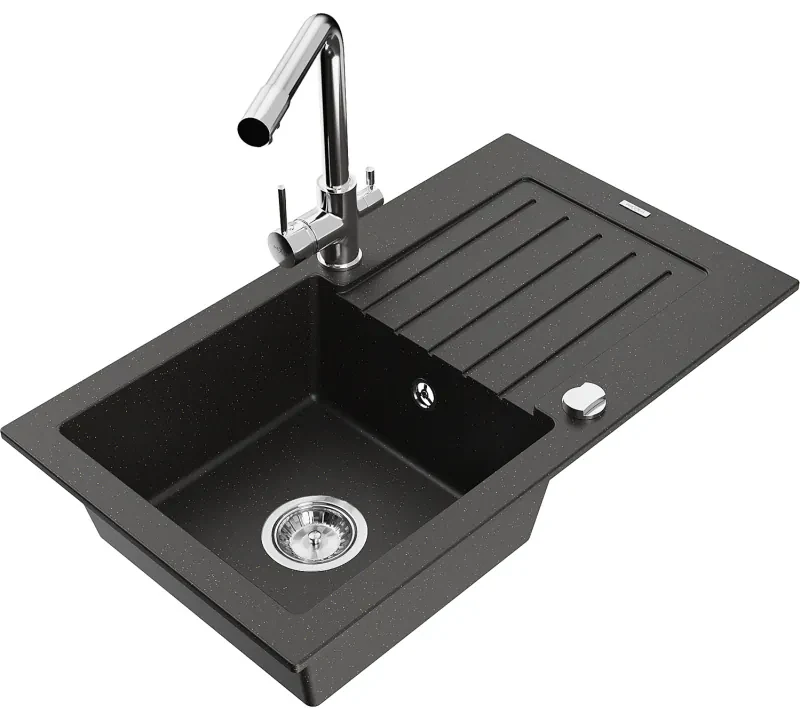 Mexen Pablo, granitový drez 752x436x161 mm, 1-komorový a zlatá batéria Duero, čierna - zlatá metalíza, 6510-75-671600-00