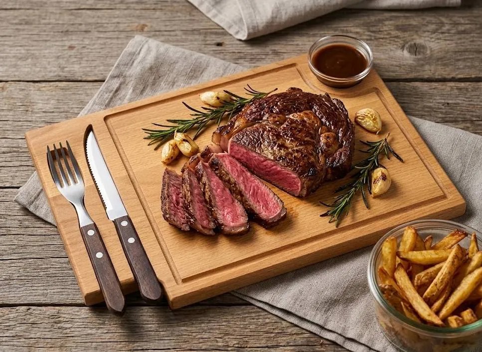 AMADEA Drevená doštička na steak s príborom a sklenenou miskou, masívne drevo, 36x23x2 cm