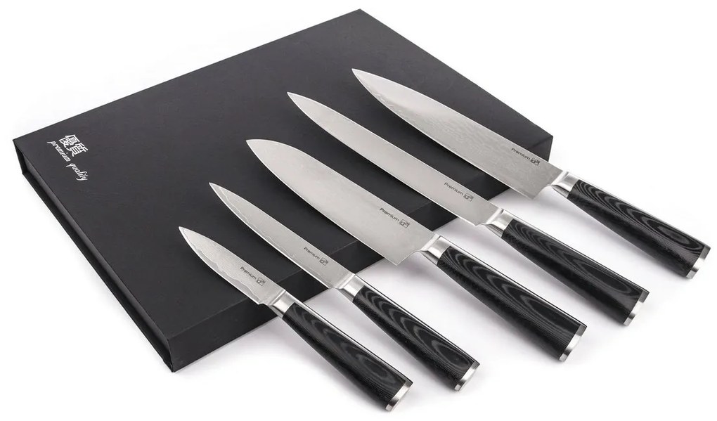 G21 Damascus Premium sada nožov v bambusovombloku, krabička, 5 ks + brúsny kameň