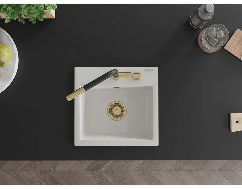 Mexen Milo, 1-komorový granitový drez 435x410x171 mm a drezová batéria Flora, biela, 6505-20-670401-57-G