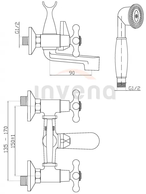 Invena Roma, vaňová batéria s ručnou sprchovou sadou, chrómová, INV-BW-21-00S-L