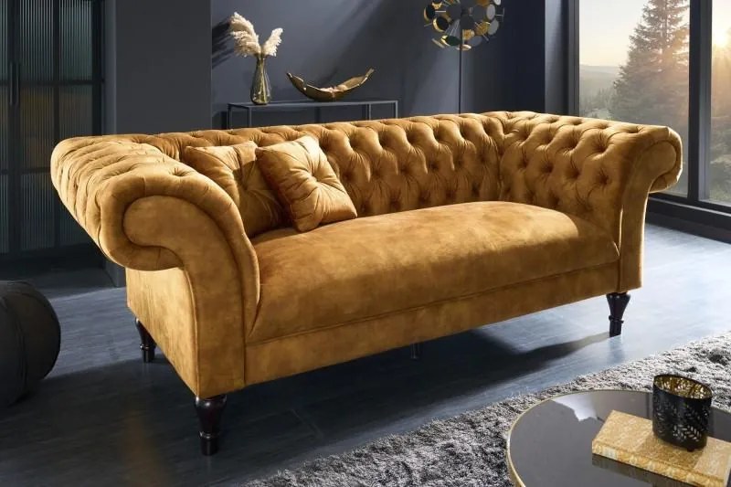 Invicta Interior - Elegantná 3-miestna pohovka Chesterfield PARIS 225 cm zamat, horčicovo žltá