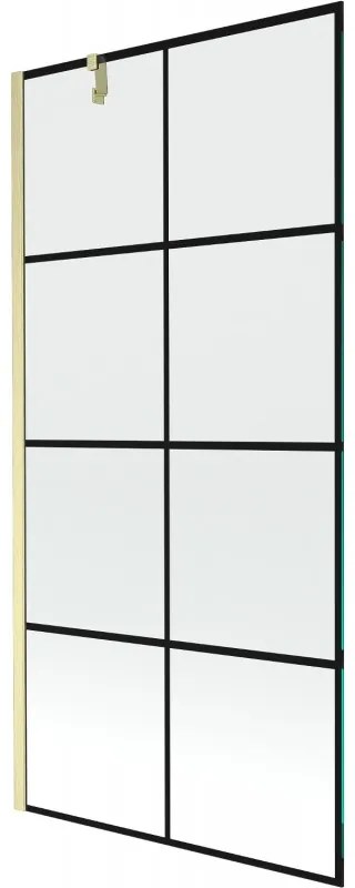 Mexen Next, 1-krídlová vaňová zástena 90 x 150 cm, 6mm číre sklo - čierny vzor, zlatá matná, 895-090-000-00-77-55