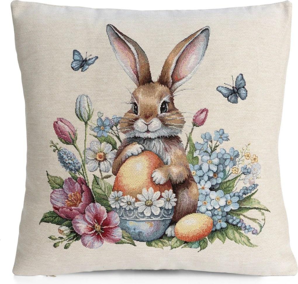 VEĽKONOČNÁ GOBELÍNOVÁ DEKORAČNÁ OBLIEČKA NA VANKÚŠ BUNNY 45X45 CM VZOROVANÁ