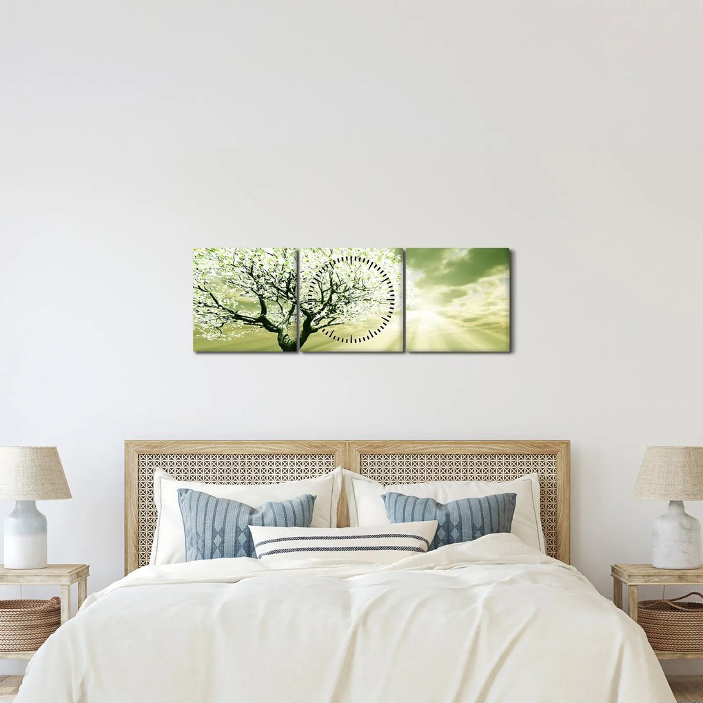 Obraz kvitnúceho stromu (s hodinami) (90x30 cm)