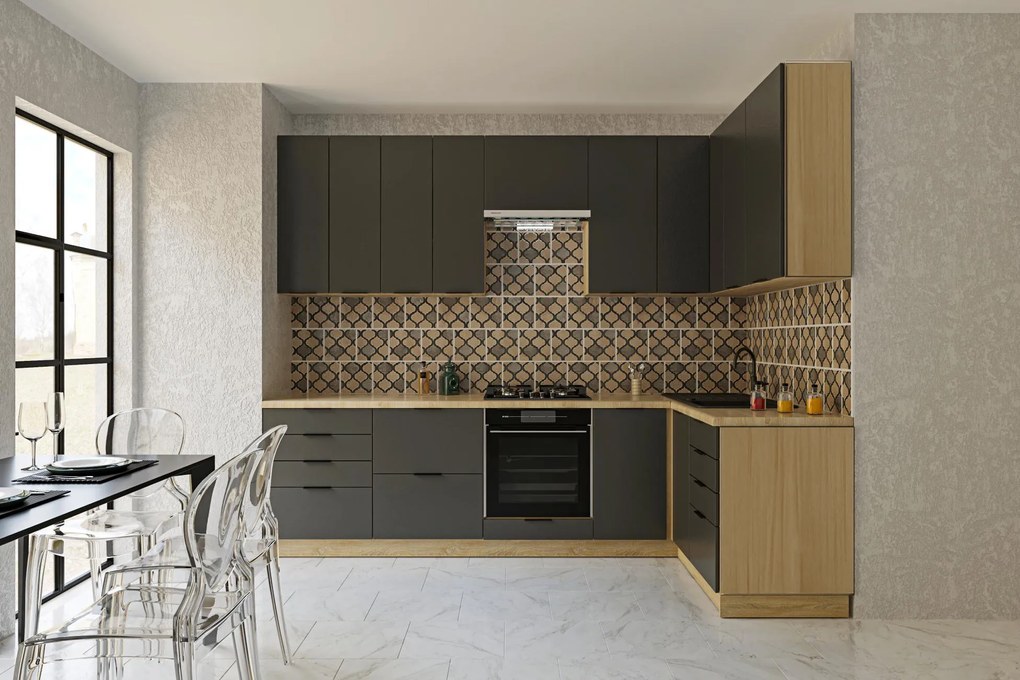 Moderná rohová kuchyňa 280 x 140 CRAF R2V, grafit