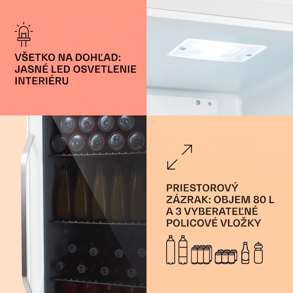 Klarstein Beersafe XXL Quartz, chladnička, energet. trieda E, 3 kovové police, panoramatické sklenené dvierka