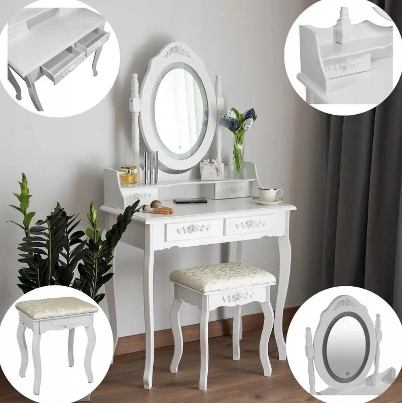 DomTextilu Vintage toaletný stolík s otočným zrkadlom s LED osvetlením 44987 Biela