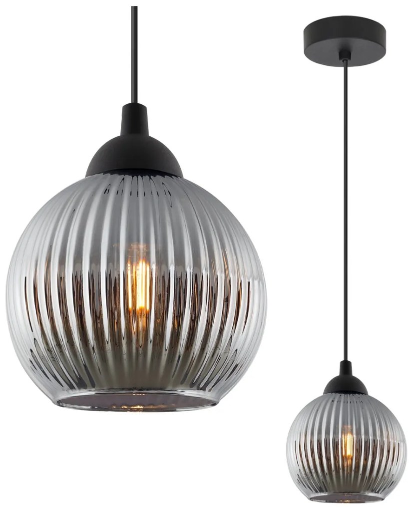 Závesné svietidlo Riffle Round, 1x grafitové sklenené tienidlo