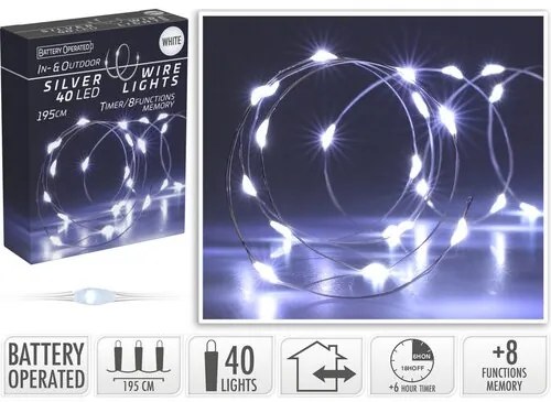 Svetelný drôt s časovačom Silver lights 40 LED, studená biela, 195 cm