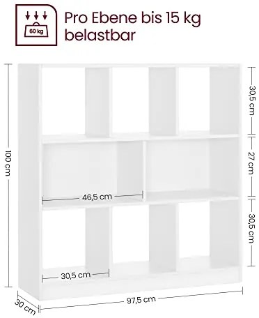 Knižnica, 8 políc, 100x97,5x30cm, biela