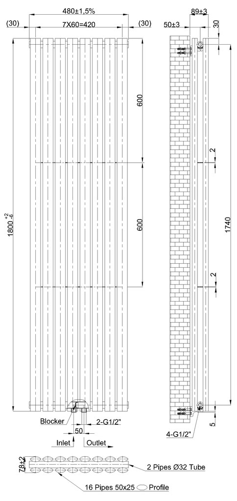 Invena Duo, vykurovacie teleso 1800x480mm, 1306W, 2x8 rebier, čierna matná, INV-UG-20-C18-A