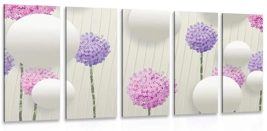 5-dielny obraz zaujímavé kvety s abstraktnými prvkami a vzormi