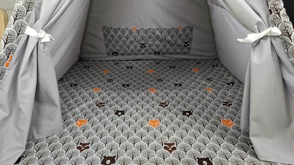 Detský stan TEEPEE (TÝPIE) ANIMALS s doplnkami - MACKO A KAMARÁDI - šedý