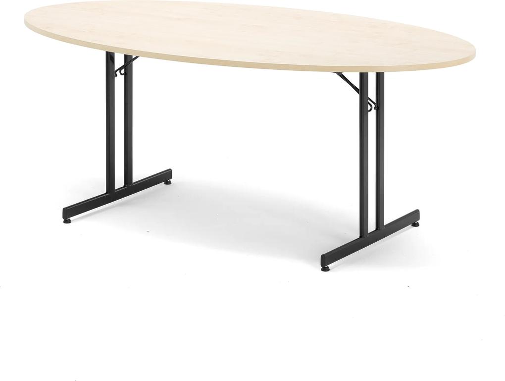 Skladací rokovací stôl Emily, oválny, 1800x1000 mm, breza/čierna
