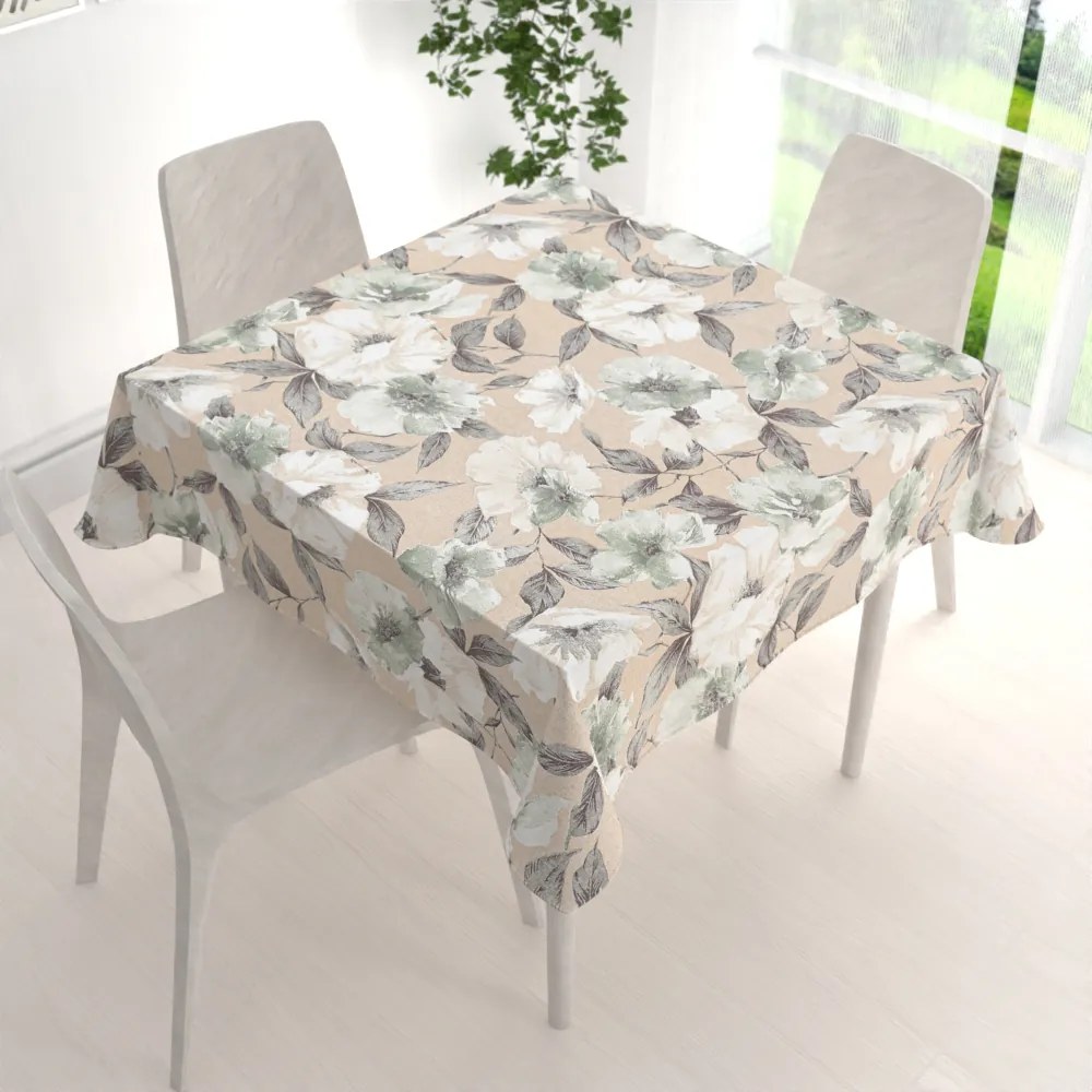 Biante Dekoračný štvorcový obrus Porto PRT-012 Zeleno-biele kvety na béžovom 50x50 cm