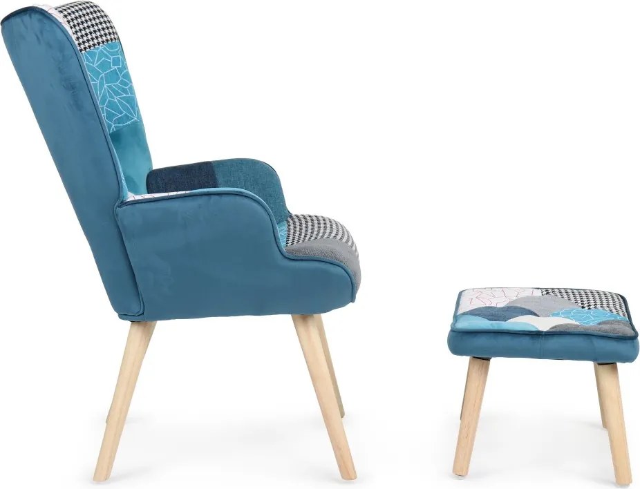 Relaxačné kreslo ušiak LISA + taburet — masív, látka, modrý patchwork