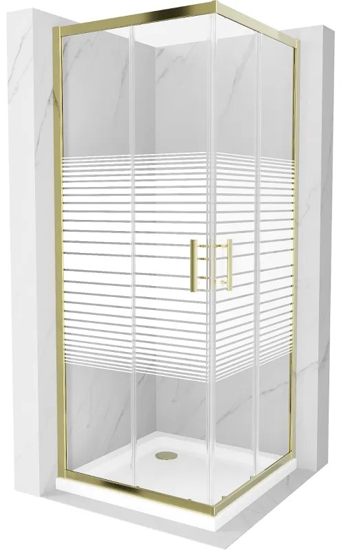 Mexen Rio, štvorcový sprchovací kút s posuvnými dverami 70(dvere) x 70(dvere) x 190 cm, 6mm číre sklo s pásikmi, zlatý profil + biela sprchová vanička SLIM, 860-070-070-50-20-4010G