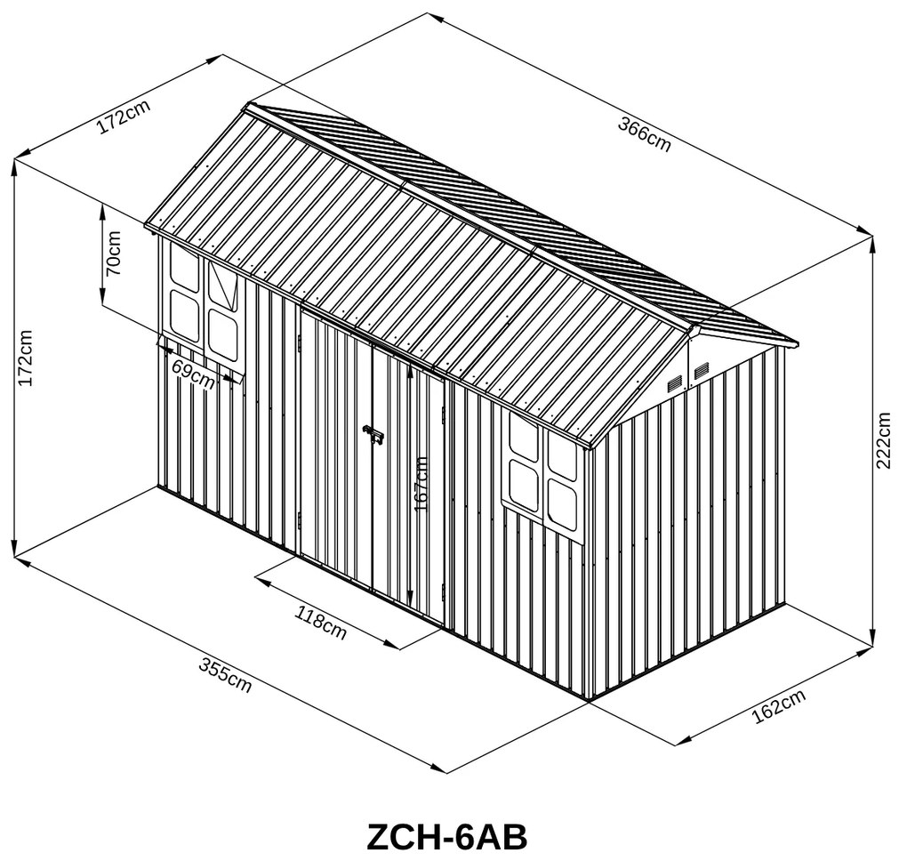 Záhradný domček BestBerg ZCH-6AB / 6,3 m² / 366 x 172 x 222 cm / sivá/biela