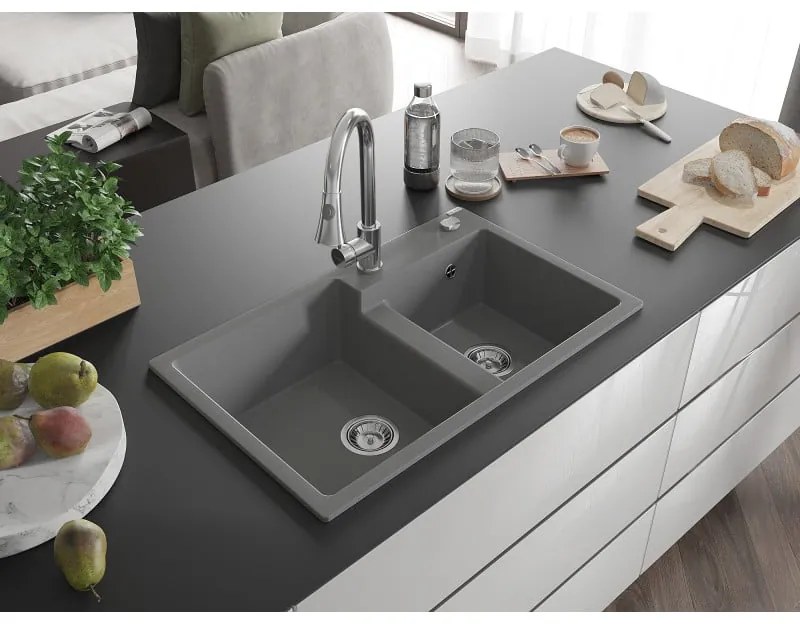 Mexen Tomas, 2-komorový granitový drez 800x500x190 mm a drezová batéria Elia, šedá, 6516-71-670101-00