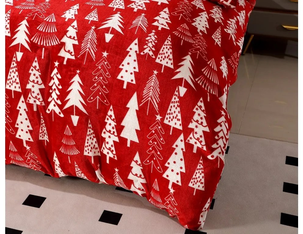 Obliečky mikroplyš CHRISTMAS TREES červené + plachta mikroplyš SOFT 90x200 cm biela