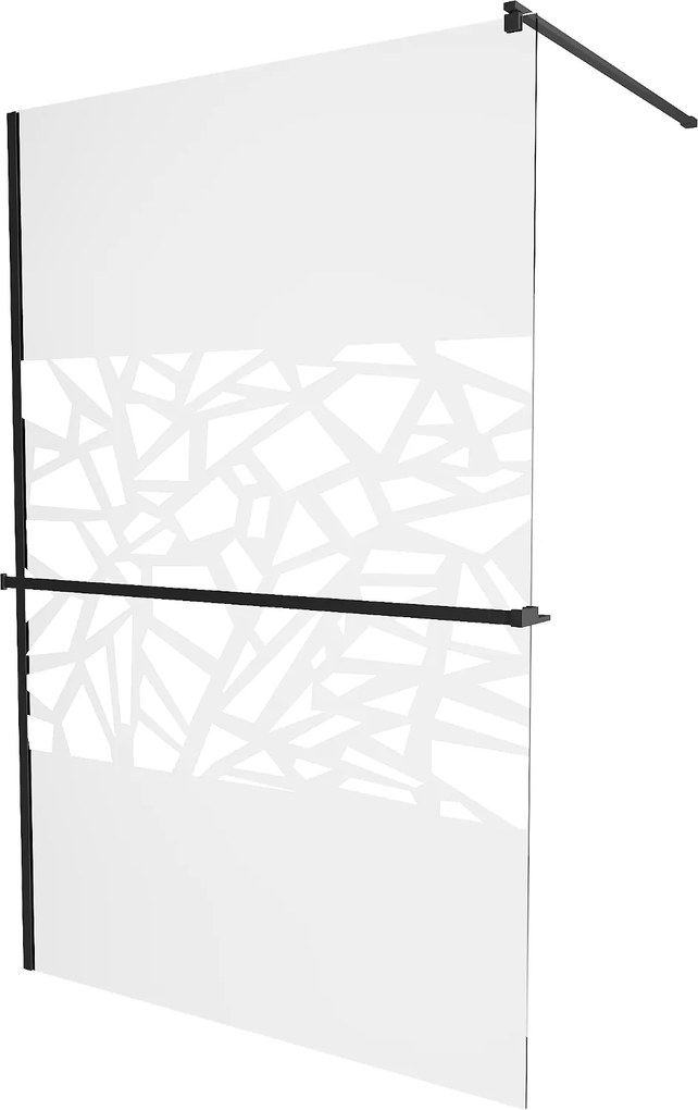Mexen Kioto+, sprchová zástena s poličkou a držiakom na uteráky 140 x 200 cm, 8mm sklo číre sklo vzor biely, čierny profil, 800-130-121-70-85